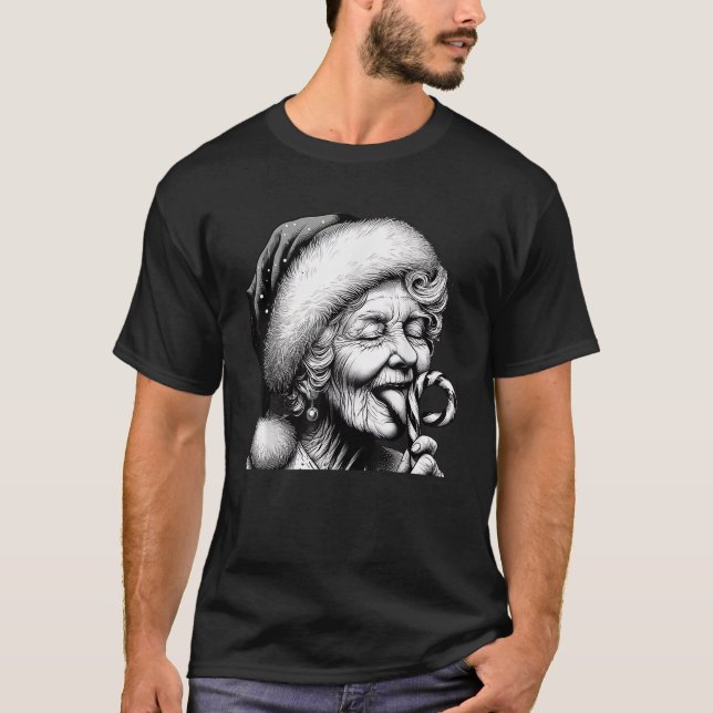 Funny Granny Nana Licking Candy Cane Grandma Chris T-Shirt (Vorderseite)