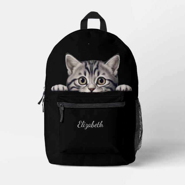Funny Gray Tabby Cat Peeking Bedruckter Rucksack (Vorderseite)