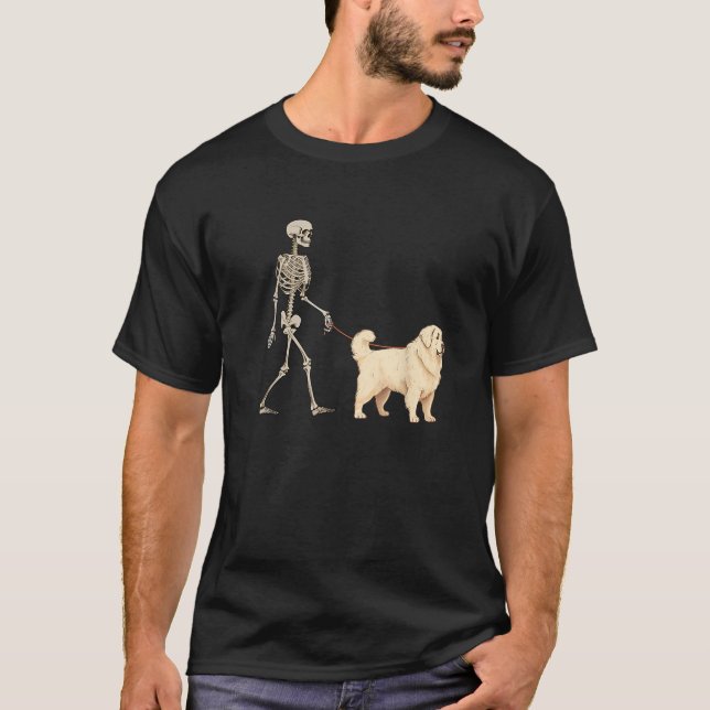 Funny Great Pyrenees Skeleton Dog Walking Hallowee T-Shirt (Vorderseite)