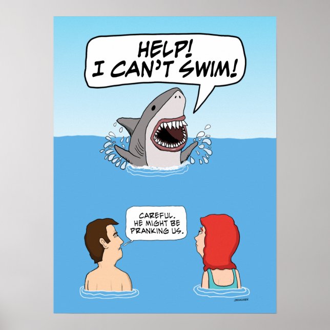 Funny Great White Shark Pranks Schwimmer Poster (Vorne)