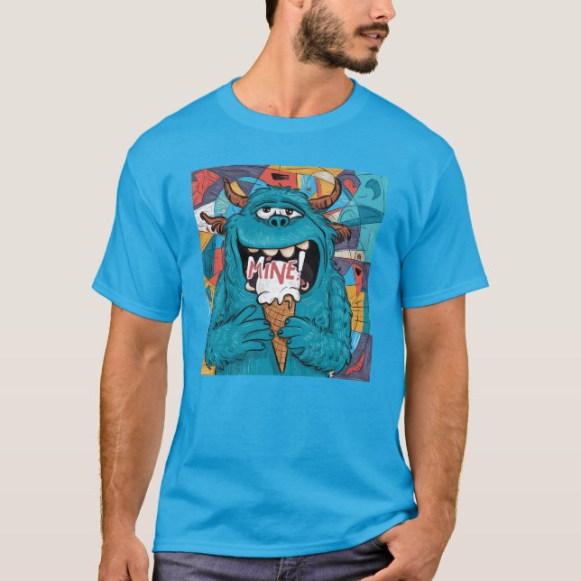 Funny Greedy Monster frisst Eiscreme T-Shirt (Vorderseite)