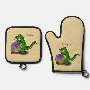 Funny Green Alligator Koch Cartoon Ofenhandschuh & Topflappen-Set