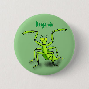 Funny green beten mantis Cartoon Illustration Button