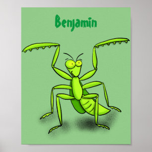 Funny green beten mantis Cartoon Illustration Poster