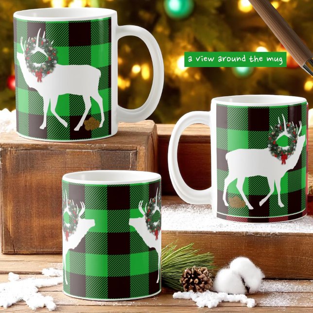 Funny Green Buffalo Kariert Elk Pooh Wreath Kaffeetasse (a view of design around the mug)