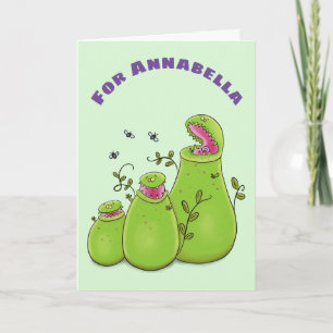 Funny green carnivorous pitcher plants cartoon karte