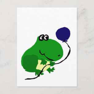 Funny Green Frog Holding Blue Birthday Balloon Postkarte