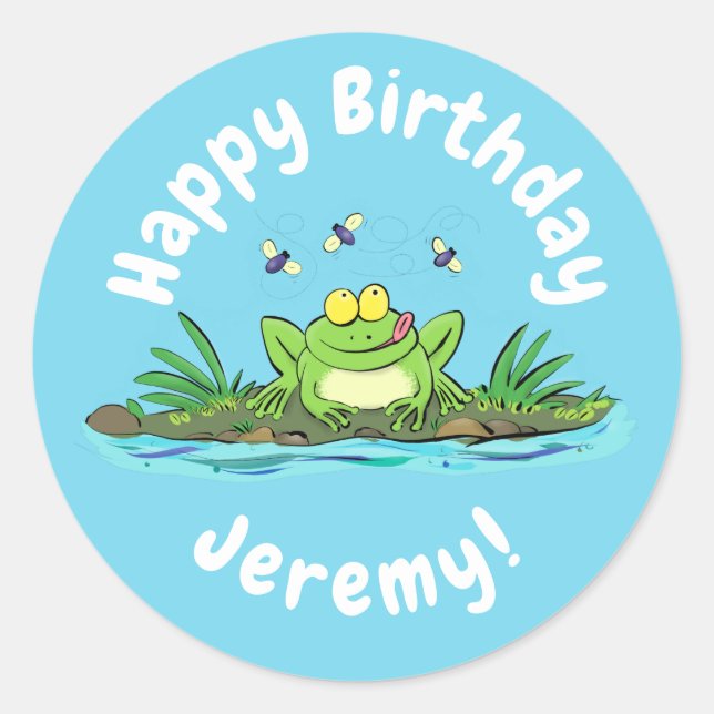 Funny green frog mit Fliegen Cartoon Illustration Runder Aufkleber (Vorderseite)