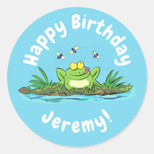 Funny green frog mit Fliegen Cartoon Illustration Runder Aufkleber