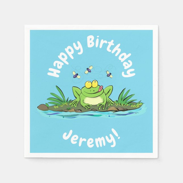 Funny green frog mit Fliegen Cartoon Illustration Serviette (Vorderseite)