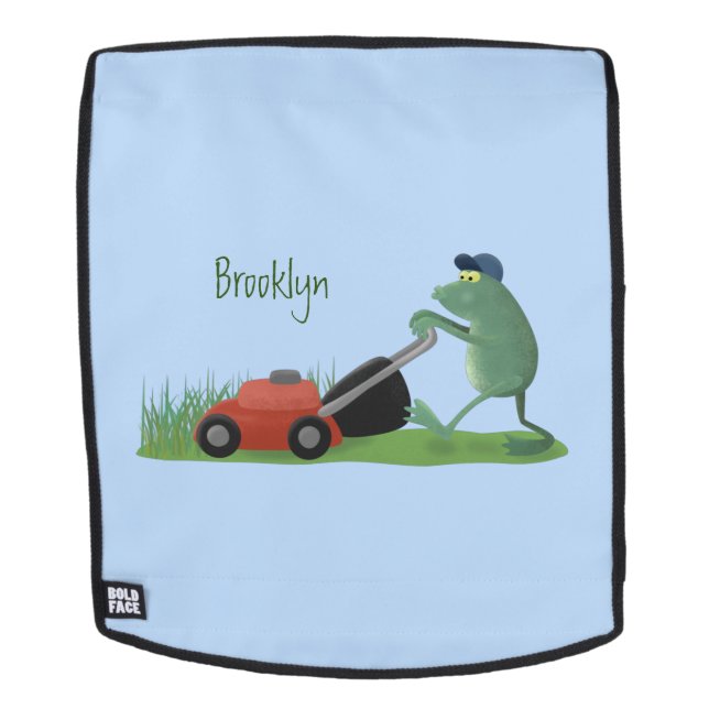 Funny green frog mowing lawn cartoon rucksack (Abnehmbare Front)