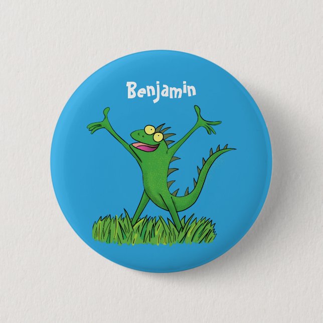 Funny green lächelnd animierte Eidechse Button (Vorderseite)