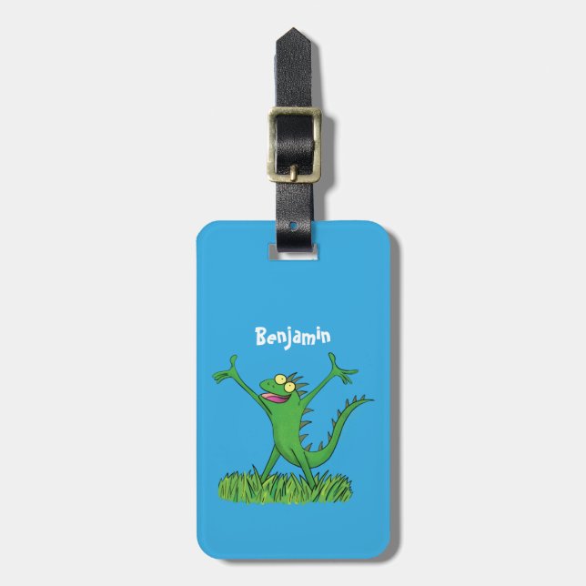Funny green lächelnd animierte Eidechse Gepäckanhänger (Vorderseite vertikal)