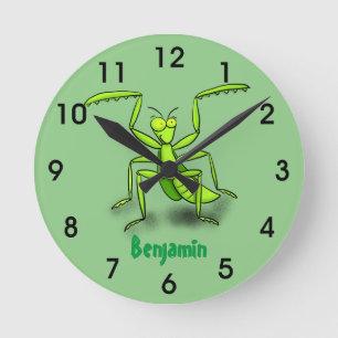 Funny green praying mantis cartoon illustration runde wanduhr