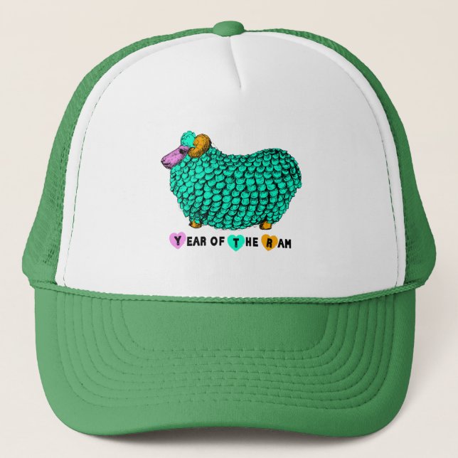 Funny Green Ram Sheep Year Chinese Zodiac Hat Truckerkappe (Vorderseite)