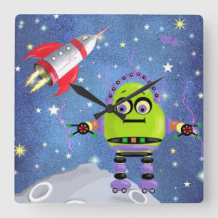 Funny Green Robot Wall Clock Quadratische Wanduhr