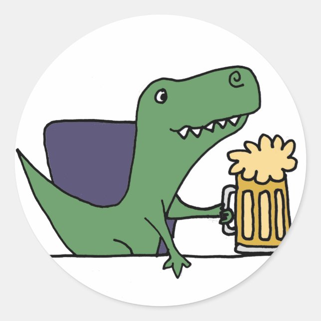 Funny Green T-Rex Dinosaur Drinking Beer Runder Aufkleber (Vorderseite)