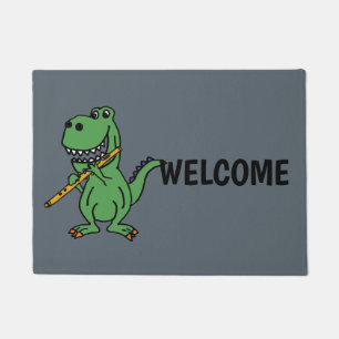 Funny Green T-rex Dinosaur Playing Flute Fußmatte
