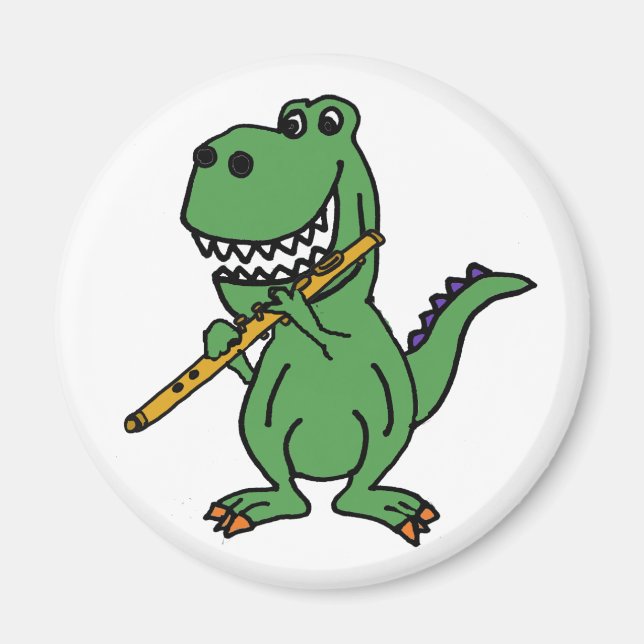 Funny Green T-rex Dinosaur Playing Flute Magnet (Vorne)