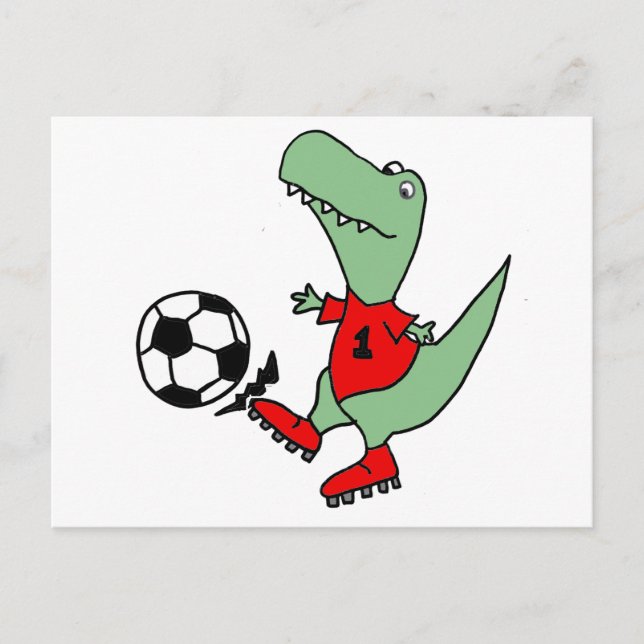 Funny Green T-rex Dinosaur Playing Soccer Postkarte (Vorderseite)