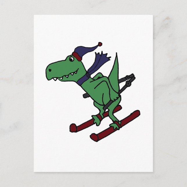 Funny Green Trex Dinosaur Skiing Postkarte (Vorderseite)