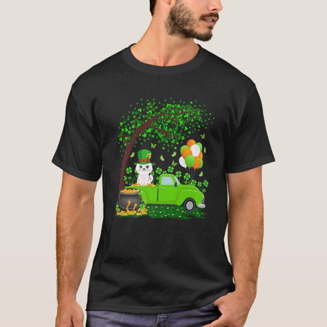 Funny Green Truck Kleeblatt Leaf Cat St Patricks D T-Shirt (Vorderseite)