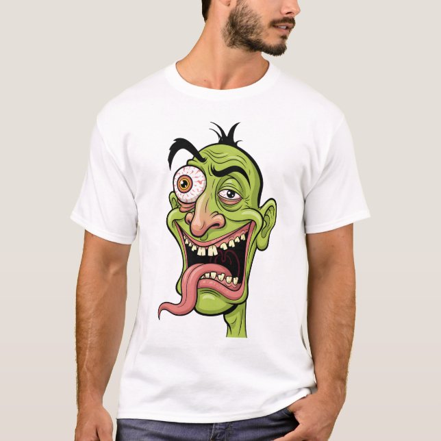 Funny Green Zombie Karikatur T - Shirt (Vorderseite)