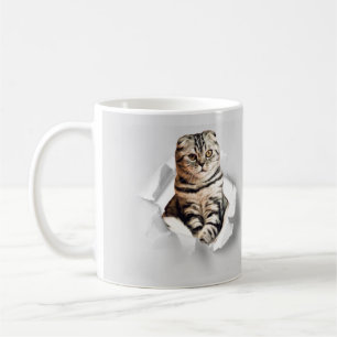 Funny Grey Cat Popping Through Torn Paper Illusion Kaffeetasse