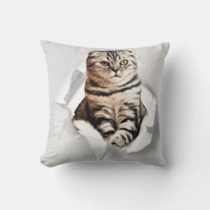 Funny Grey Cat Popping Through Torn Paper Illusion Kissen