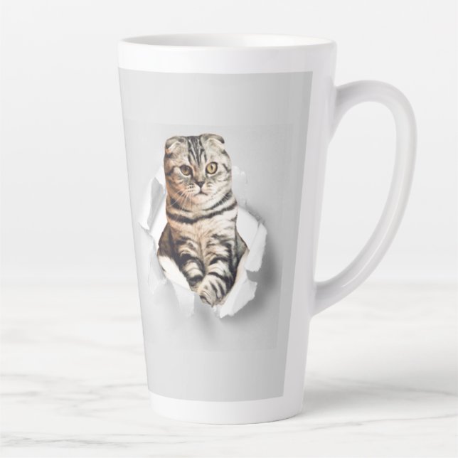 Funny Grey Cat Popping Through Torn Paper Illusion Milchtasse (Rechts)