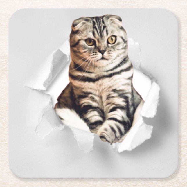 Funny Grey Cat Popping Through Torn Paper Illusion Rechteckiger Pappuntersetzer (Vorderseite)