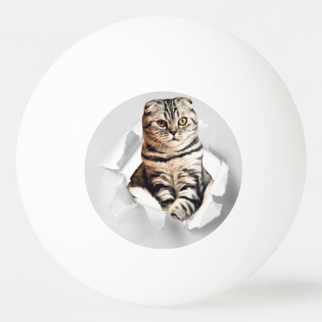Funny Grey Cat Popping Through Torn Paper Illusion Tischtennisball (Vorderseite)