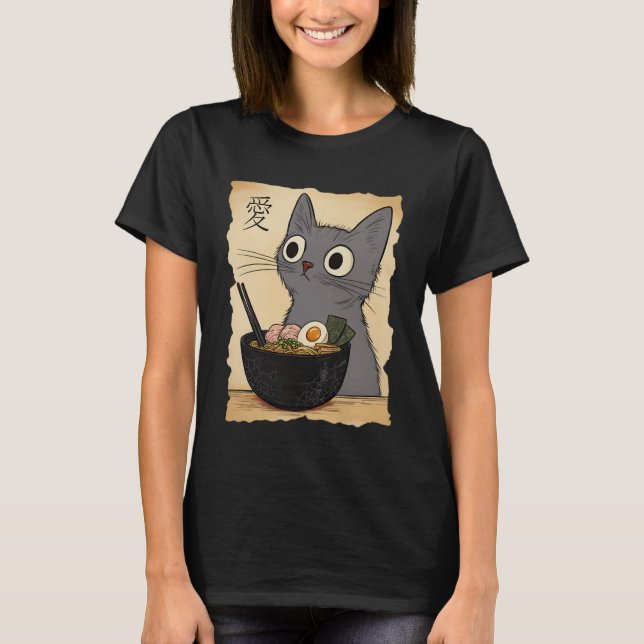 Funny Grey Cat Ramen Anime Graphic Japanese Kawaii T-Shirt (Vorderseite)