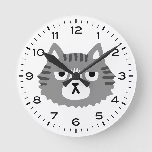 Funny Grey Tabby Cat Grouchy Cat Runde Wanduhr (Vorderseite)