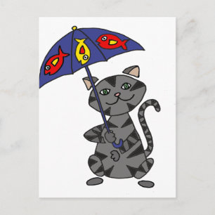 Funny Grey Tabby Cat Holding Umbrella Postkarte