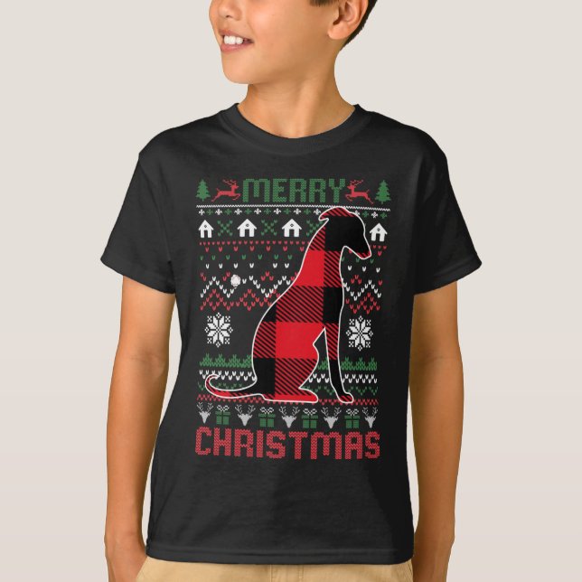 Funny Greyhound Ugly Christmas Red Plad Lights Swe T-Shirt (Vorderseite)