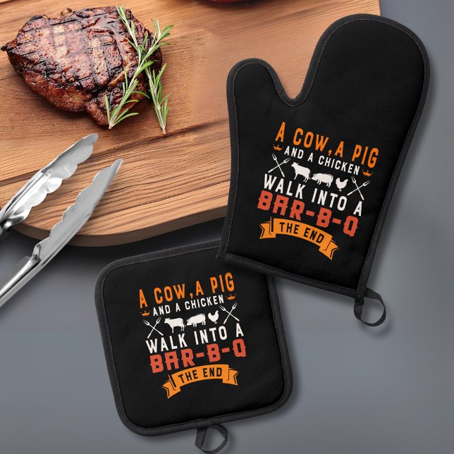 Funny GRILLEN A Kuh A Pig and A Chicken Grill Ofenhandschuh & Topflappen-Set (This funny oven mitt and pot holder set is the perfect gift for anyone who enjoys grilling!)