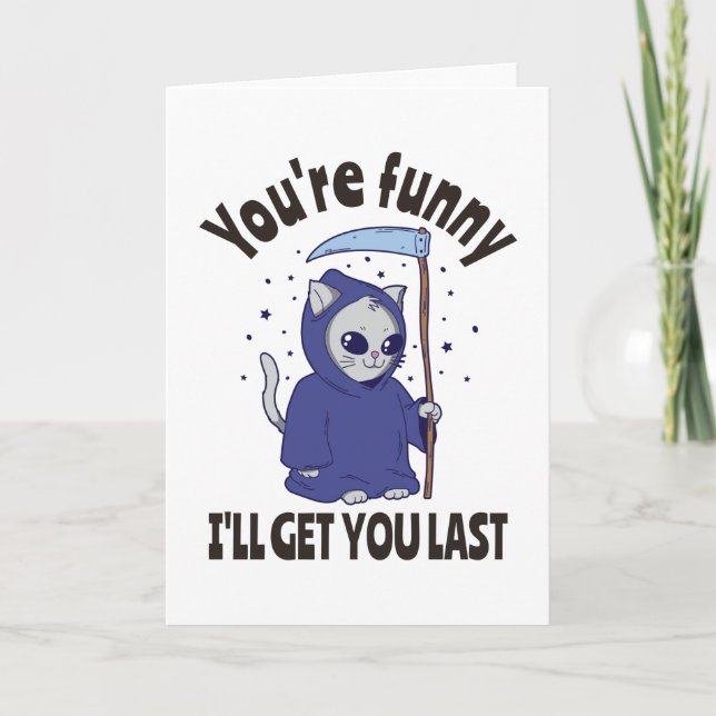 Funny Grim Reaper Cat Halloween Anzug Karte (Vorderseite)