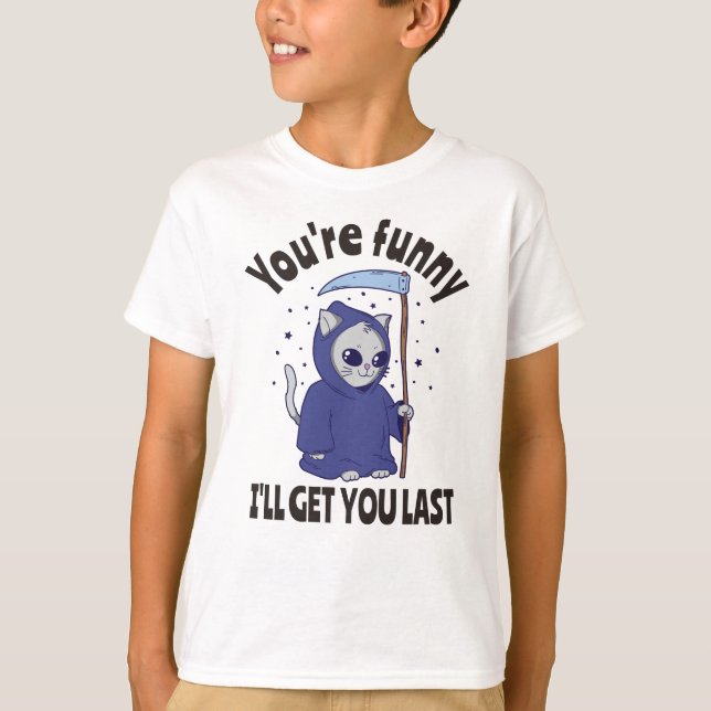 Funny Grim Reaper Cat Halloween Anzug T-Shirt (Vorderseite)