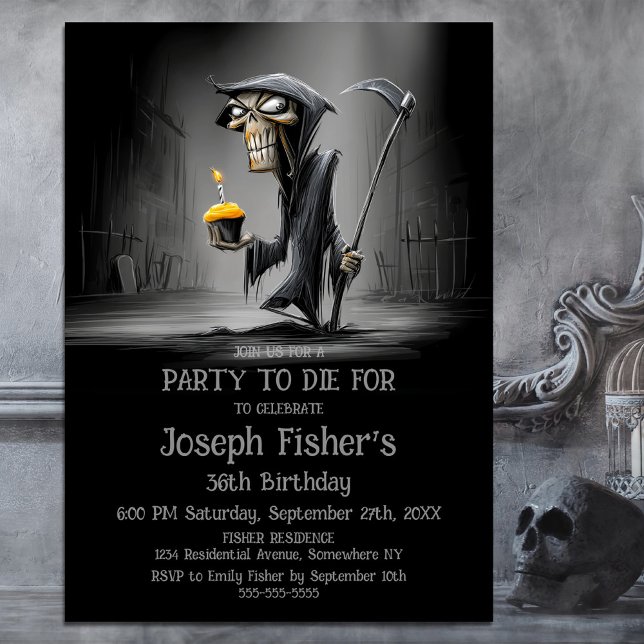 Funny Grim Reaper with Cupcake Birthday Party Einladung (Von Creator hochgeladen)