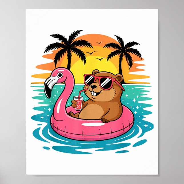 Funny Groundhog Hawaiian Flamingo Float Beach Summ Poster (Vorne)