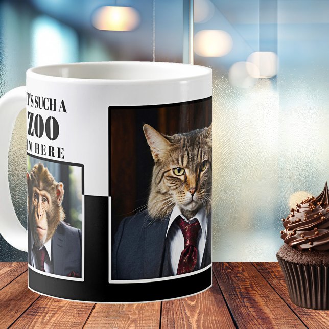 Funny Grumpy Boss Office Kaffeetasse (Funny office mug featuring grumpy boss imagery with a cat and other animals - simple black and white)