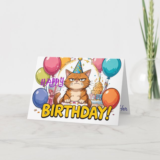 Funny Grumpy Cat Birthday Card - Cartoon Party Hum Karte (Vorderseite)