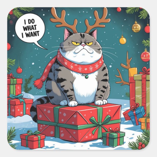 Funny Grumpy Cat Christmas Design – Fat Cat Quadratischer Aufkleber (Vorderseite)