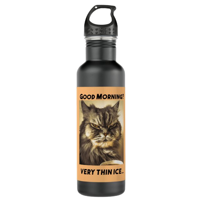 Funny Grumpy Cat Morning Coffee Meme Art Edelstahlflasche (Vorderseite)