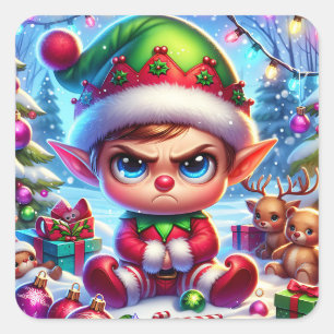 Funny Grumpy Elf Weihnachten Quadratischer Aufkleber
