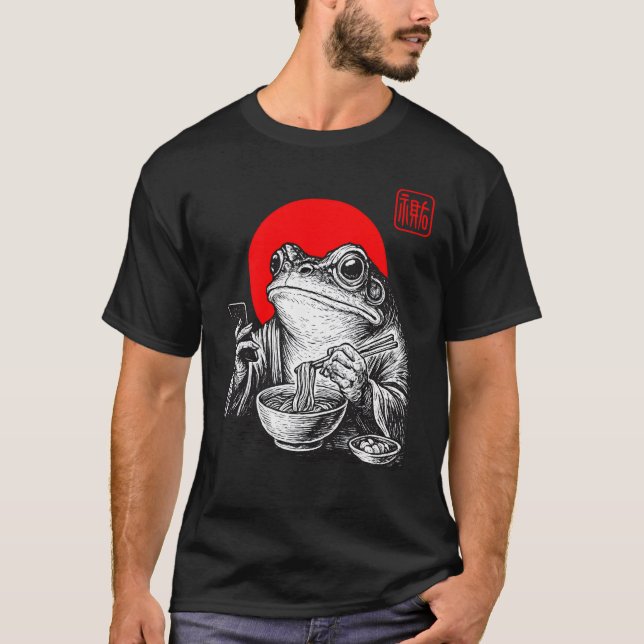 Funny Grumpy Frog Eat Ramen und Scroll Phone Art T-Shirt (Vorderseite)