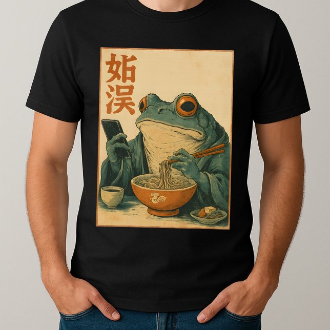 Funny Grumpy Frog Eat Ramen und Scroll Phone Art T-Shirt (Von Creator hochgeladen)