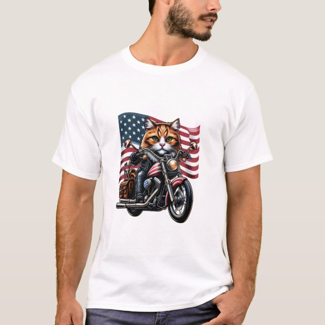 Funny Grunge Cat Riding Motorrad Amerikanische Fla T-Shirt (Vorderseite)
