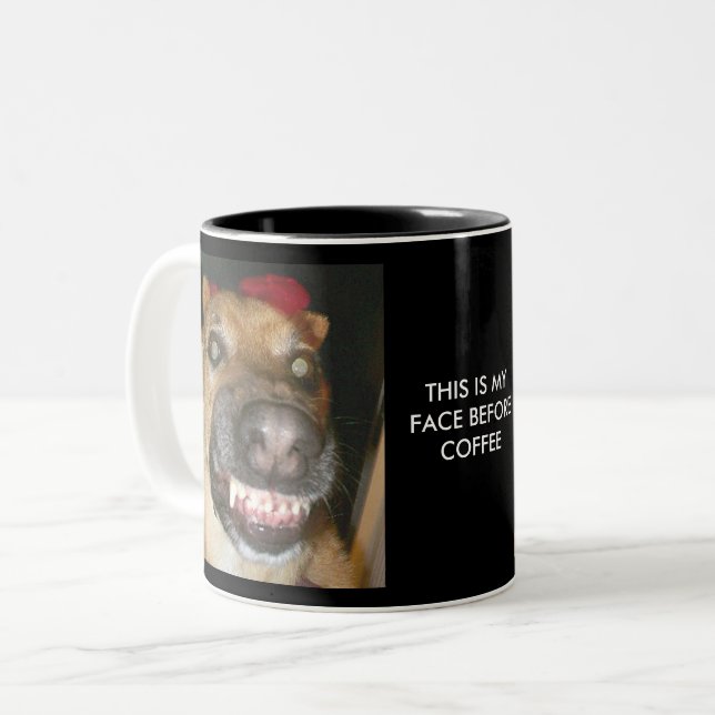 Funny GSD Hund Das ist mein Gesicht vor Kaffee Fun Zweifarbige Tasse (Vorderseite Links)